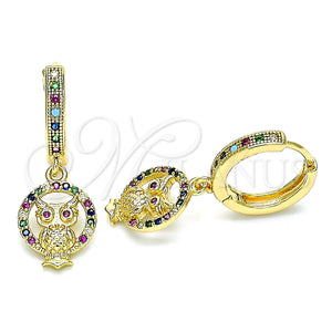Gold Filled Hoop Earrings — Huggie Hoop Owl Design with Multicolor Micro Pave — main product view — SKU 144008 | Oro Laminado aretes de aro — Huggie Hoop Owl diseño with Multicolor Micro Pave — SKU 144008