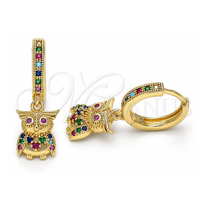 Oro Laminado Huggie Hoop, Gold Filled Style Owl Design, with Multicolor Micro Pave, Polished, Golden Finish, 02.316.0076.15