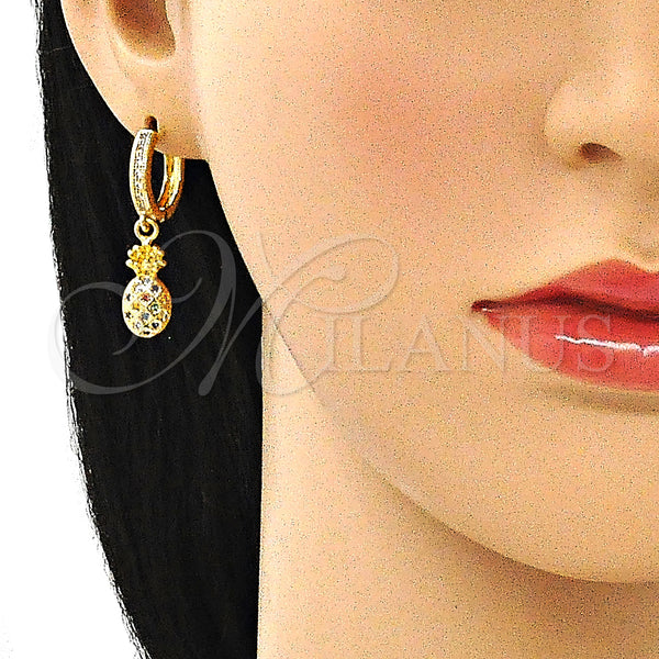 Gold Filled Hoop Earrings — Huggie Hoop Pineapple Design with Multicolor Micro Pave — main product view — SKU 144011 | Oro Laminado aretes de aro — Huggie Hoop Pineapple diseño with Multicolor Micro Pave — SKU 144011