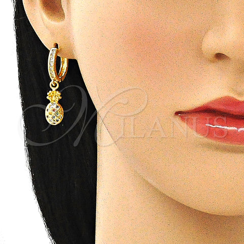 Oro Laminado Huggie Hoop, Gold Filled Style Pineapple Design, with Multicolor Micro Pave, Polished, Golden Finish, 02.316.0078.15