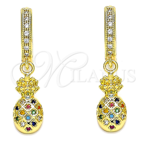Gold Filled Hoop Earrings — Huggie Hoop Pineapple Design with Multicolor Micro Pave — alternate product view — SKU 144011 | Oro Laminado aretes de aro — Huggie Hoop Pineapple diseño with Multicolor Micro Pave — SKU 144011