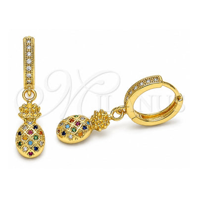 Oro Laminado Huggie Hoop, Gold Filled Style Pineapple Design, with Multicolor Micro Pave, Polished, Golden Finish, 02.316.0078.15