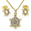 Oro Laminado Earring and Pendant Adult Set, Gold Filled Style Turtle Design, with Multicolor Micro Pave, Polished, Golden Finish, 10.284.0014