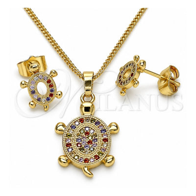 Oro Laminado Earring and Pendant Adult Set, Gold Filled Style Turtle Design, with Multicolor Micro Pave, Polished, Golden Finish, 10.284.0014