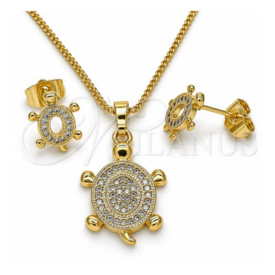 Oro Laminado Earring and Pendant Adult Set, Gold Filled Style Turtle Design, with White Micro Pave, Polished, Golden Finish, 10.284.0014.1
