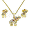 Oro Laminado Earring and Pendant Adult Set, Gold Filled Style Elephant Design, with Multicolor Micro Pave, Polished, Golden Finish, 10.284.0015.1