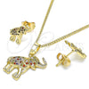 Oro Laminado Earring and Pendant Adult Set, Gold Filled Style Elephant Design, with Multicolor Micro Pave, Polished, Golden Finish, 10.284.0015.1