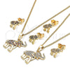Oro Laminado Earring and Pendant Adult Set, Gold Filled Style Elephant Design, with Multicolor Micro Pave, Polished, Golden Finish, 10.284.0015.1