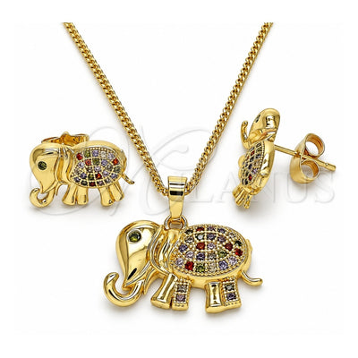 Oro Laminado Earring and Pendant Adult Set, Gold Filled Style Elephant Design, with Multicolor Micro Pave, Polished, Golden Finish, 10.284.0016