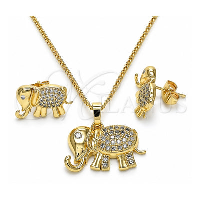 Oro Laminado Earring and Pendant Adult Set, Gold Filled Style Elephant Design, with White Micro Pave, Polished, Golden Finish, 10.284.0016.1
