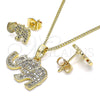 Oro Laminado Earring and Pendant Adult Set, Gold Filled Style Elephant Design, with White Micro Pave, Polished, Golden Finish, 10.284.0019