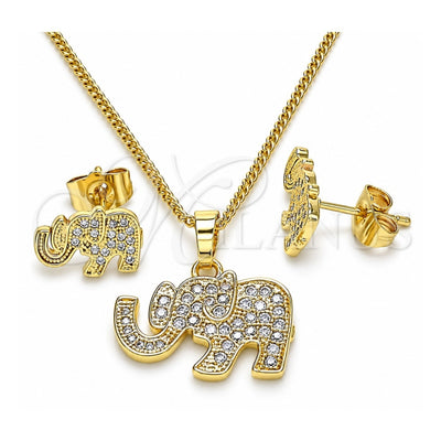 Oro Laminado Earring and Pendant Adult Set, Gold Filled Style Elephant Design, with White Micro Pave, Polished, Golden Finish, 10.284.0019
