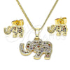 Oro Laminado Earring and Pendant Adult Set, Gold Filled Style Elephant Design, with Multicolor Micro Pave, Polished, Golden Finish, 10.284.0019.1