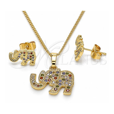Oro Laminado Earring and Pendant Adult Set, Gold Filled Style Elephant Design, with Multicolor Micro Pave, Polished, Golden Finish, 10.284.0019.1