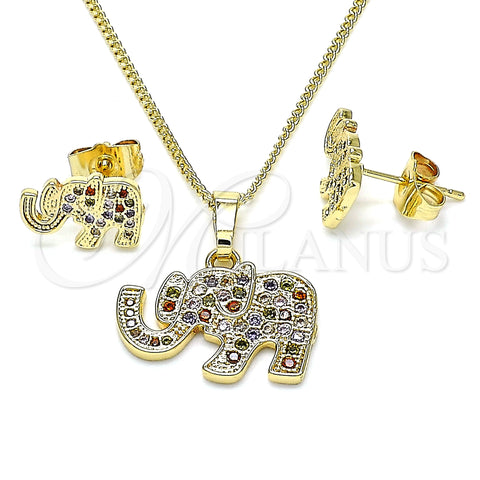Oro Laminado Earring and Pendant Adult Set, Gold Filled Style Elephant Design, with Multicolor Micro Pave, Polished, Golden Finish, 10.284.0019.1