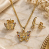 Oro Laminado Earring and Pendant Adult Set, Gold Filled Style Butterfly Design, with Multicolor Micro Pave, Polished, Golden Finish, 10.284.0021