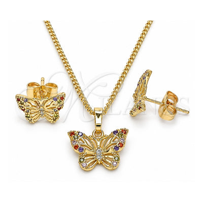 Oro Laminado Earring and Pendant Adult Set, Gold Filled Style Butterfly Design, with Multicolor Micro Pave, Polished, Golden Finish, 10.284.0021