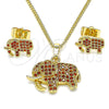 Oro Laminado Earring and Pendant Adult Set, Gold Filled Style Elephant Design, with Garnet Micro Pave, Polished, Golden Finish, 10.284.0022