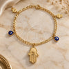 Oro Laminado Charm Bracelet, Gold Filled Style Evil Eye and Hand of God Design, Polished, Golden Finish, 03.58.0044.07 (04 MM Thickness, 7 Inches Length)