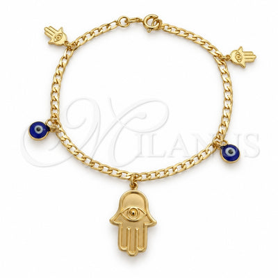 Oro Laminado Charm Bracelet, Gold Filled Style Evil Eye and Hand of God Design, Polished, Golden Finish, 03.58.0044.07 (04 MM Thickness, 7 Inches Length)