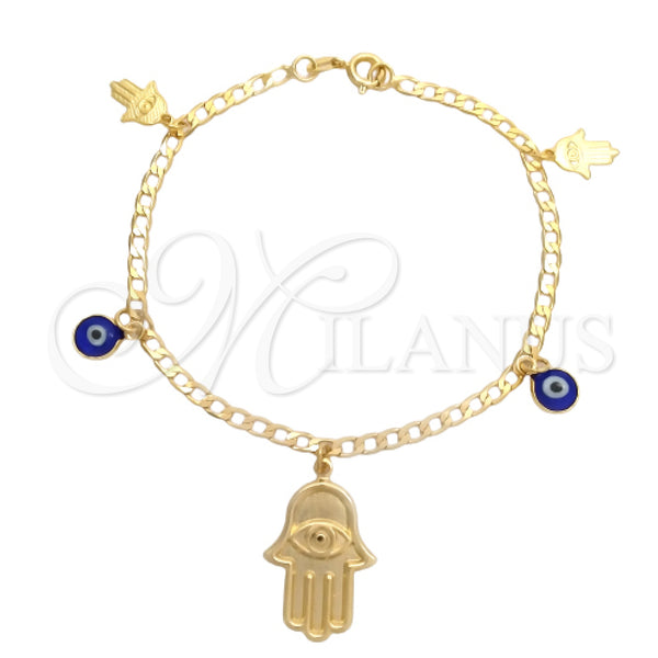 Oro Laminado Charm Bracelet, Gold Filled Style Evil Eye and Hand of God Design, Polished, Golden Finish, 03.58.0044.07 (04 MM Thickness, 7 Inches Length)