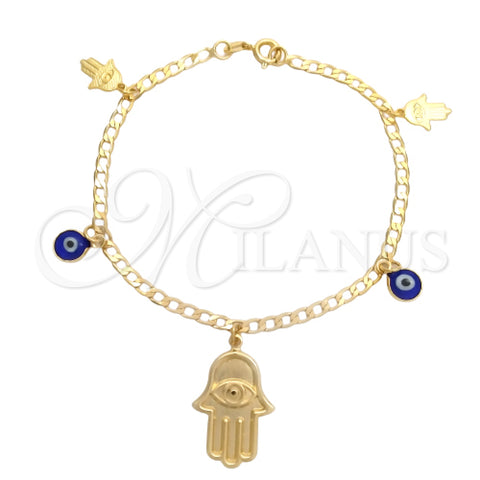 Oro Laminado Charm Bracelet, Gold Filled Style Evil Eye and Hand of God Design, Polished, Golden Finish, 03.58.0044.07 (04 MM Thickness, 7 Inches Length)