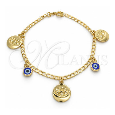 Oro Laminado Charm Bracelet, Gold Filled Style Evil Eye and Concave Cuban Design, Polished, Golden Finish, 03.58.0045.07 (04 MM Thickness, 7 Inches Length)
