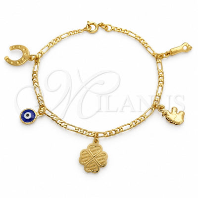 Oro Laminado Charm Bracelet, Gold Filled Style Elephant and Evil Eye Design, Polished, Golden Finish, 03.58.0046.07 (04 MM Thickness, 7 Inches Length)