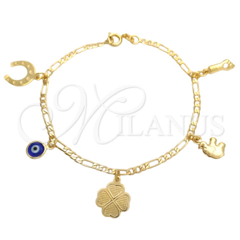 Oro Laminado Charm Bracelet, Gold Filled Style Elephant and Evil Eye Design, Polished, Golden Finish, 03.58.0046.07 (04 MM Thickness, 7 Inches Length)
