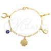 Oro Laminado Charm Bracelet, Gold Filled Style Elephant and Evil Eye Design, Polished, Golden Finish, 03.58.0046.07 (04 MM Thickness, 7 Inches Length)