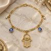 Oro Laminado Charm Bracelet, Gold Filled Style Hand of God and Evil Eye Design, Polished, Golden Finish, 03.58.0047.07 (04 MM Thickness, 7 Inches Length)