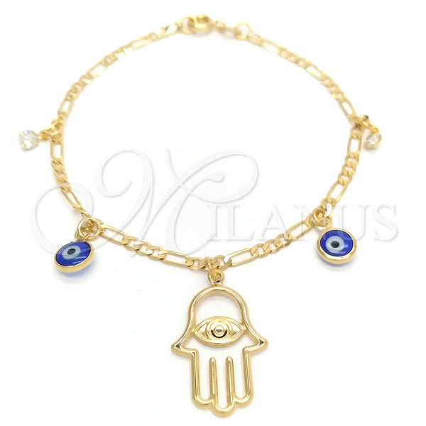 Oro Laminado Charm Bracelet, Gold Filled Style Hand of God and Evil Eye Design, Polished, Golden Finish, 03.58.0047.07 (04 MM Thickness, 7 Inches Length)