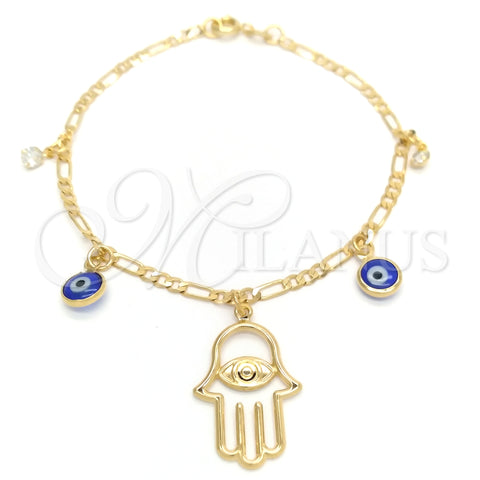 Oro Laminado Charm Bracelet, Gold Filled Style Hand of God and Evil Eye Design, Polished, Golden Finish, 03.58.0047.07 (04 MM Thickness, 7 Inches Length)