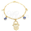 Oro Laminado Charm Bracelet, Gold Filled Style Hand of God and Evil Eye Design, Polished, Golden Finish, 03.58.0047.07 (04 MM Thickness, 7 Inches Length)