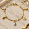 Oro Laminado Charm Bracelet, Gold Filled Style Hand of God and Evil Eye Design, Polished, Golden Finish, 03.58.0048.07 (04 MM Thickness, 7 Inches Length)