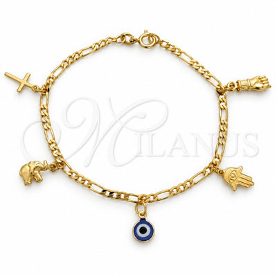 Oro Laminado Charm Bracelet, Gold Filled Style Hand of God and Evil Eye Design, Polished, Golden Finish, 03.58.0048.07 (04 MM Thickness, 7 Inches Length)