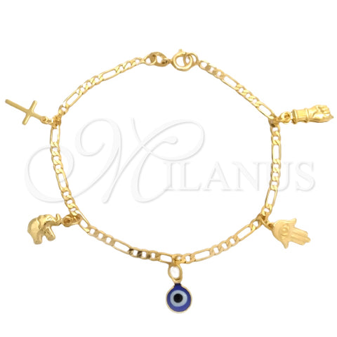 Oro Laminado Charm Bracelet, Gold Filled Style Hand of God and Evil Eye Design, Polished, Golden Finish, 03.58.0048.07 (04 MM Thickness, 7 Inches Length)