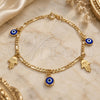Oro Laminado Charm Bracelet, Gold Filled Style Hand of God and Evil Eye Design, Polished, Golden Finish, 03.58.0049.07 (04 MM Thickness, 7 Inches Length)