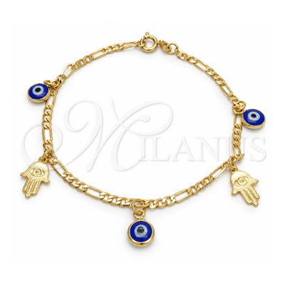 Oro Laminado Charm Bracelet, Gold Filled Style Hand of God and Evil Eye Design, Polished, Golden Finish, 03.58.0049.07 (04 MM Thickness, 7 Inches Length)