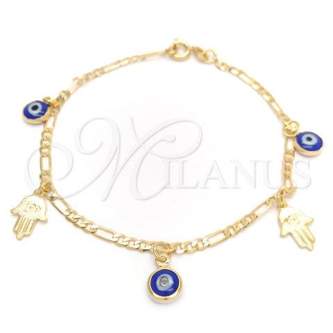 Oro Laminado Charm Bracelet, Gold Filled Style Hand of God and Evil Eye Design, Polished, Golden Finish, 03.58.0049.07 (04 MM Thickness, 7 Inches Length)