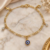 Oro Laminado Charm Bracelet, Gold Filled Style Evil Eye and Cross Design, Polished, Golden Finish, 03.58.0050.07 (04 MM Thickness, 7 Inches Length)