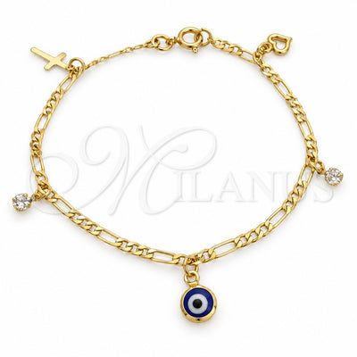 Oro Laminado Charm Bracelet, Gold Filled Style Evil Eye and Cross Design, Polished, Golden Finish, 03.58.0050.07 (04 MM Thickness, 7 Inches Length)