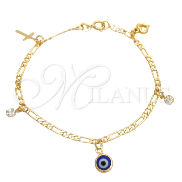 Oro Laminado Charm Bracelet, Gold Filled Style Evil Eye and Cross Design, Polished, Golden Finish, 03.58.0050.07 (04 MM Thickness, 7 Inches Length)