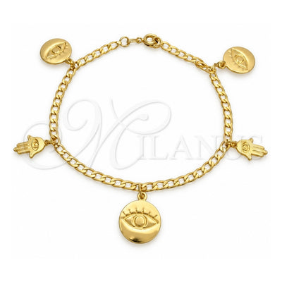 Oro Laminado Charm Bracelet, Gold Filled Style Judaica and Evil Eye Design, Polished, Golden Finish, 03.58.0053.07 (04 MM Thickness, 7 Inches Length)