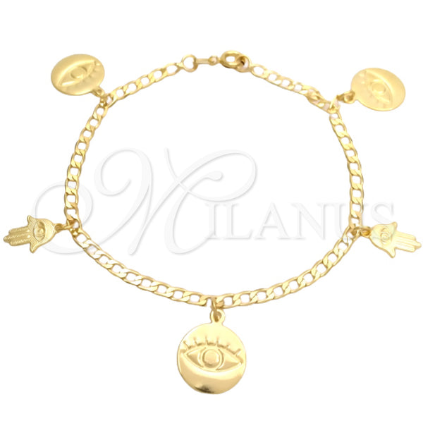 Oro Laminado Charm Bracelet, Gold Filled Style Evil Eye and Hand of God Design, Polished, Golden Finish, 03.58.0053.07 (04 MM Thickness, 7 Inches Length)