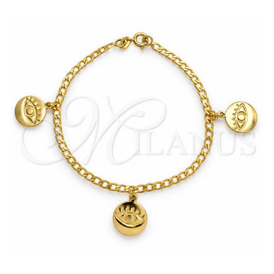Oro Laminado Charm Bracelet, Gold Filled Style Evil Eye and Concave Cuban Design, Polished, Golden Finish, 03.58.0054.07 (04 MM Thickness, 7 Inches Length)