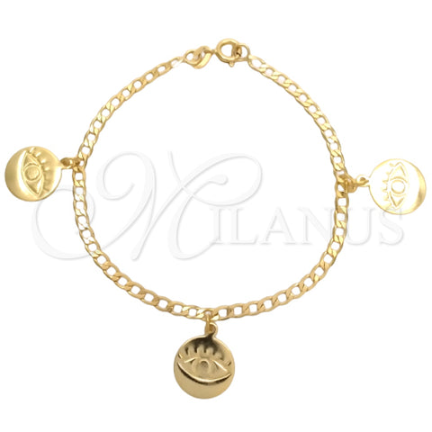 Oro Laminado Charm Bracelet, Gold Filled Style Evil Eye and Concave Cuban Design, Polished, Golden Finish, 03.58.0054.07 (04 MM Thickness, 7 Inches Length)