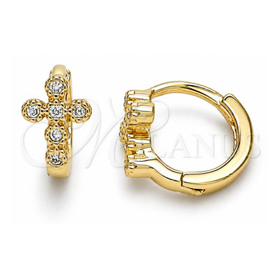 Oro Laminado Huggie Hoop, Gold Filled Style Cross Design, with White Micro Pave, Polished, Golden Finish, 02.213.0285.10