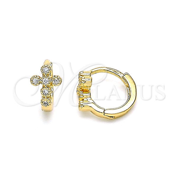 Gold Filled Hoop Earrings — Huggie Hoop Cross Design with White Micro Pave — main product view — SKU 144060 | Oro Laminado aretes de aro — Huggie Hoop cruz diseño with blanco Micro Pave — SKU 144060