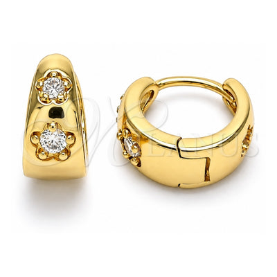 Oro Laminado Huggie Hoop, Gold Filled Style Flower Design, with White Micro Pave, Polished, Golden Finish, 02.213.0286.12